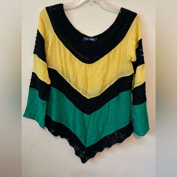 Blue Moon asymmetrical Green Yellow Black Crochet Boho Top Size Medium - Picture 1 of 6